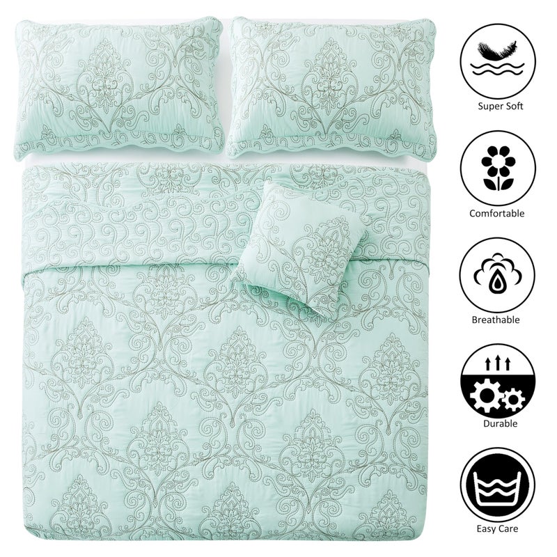 Home Soft Things Damask 4 Piece Bedspread Set, Scalloped Edge Reversible Quilt Coverlet Comforter Prewashed Bedding Set, Matelasse Embossed Floral Solid Pattern,Blue Oversize King(120" x 120") - Image 3